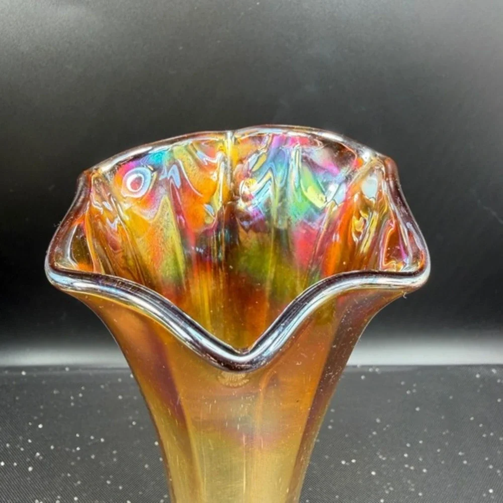 Vintage Marigold Carnival Glass‎ Iridescent Ruffled Trumpet Vase 8 Inch Sunburst